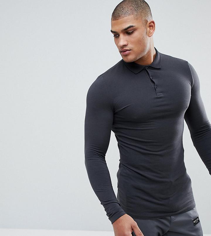 Asos Tall Longline Muscle Fit Long Sleeve Polo In Jersey - Black