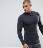 Asos Tall Longline Muscle Fit Long Sleeve Polo In Jersey - Black