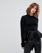 Lost Ink Long Sleeve Top With Satin Bow Detail - Black