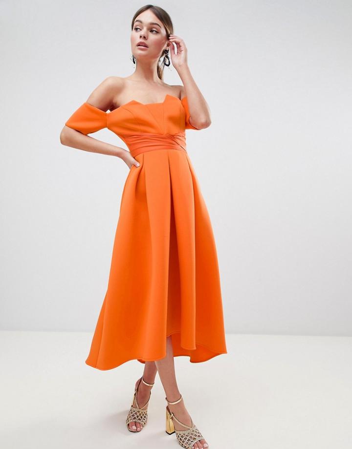 Asos Design Bardot Pleated Waist Scuba Midi Prom Dress - Orange