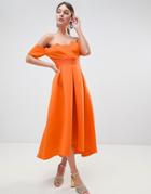 Asos Design Bardot Pleated Waist Scuba Midi Prom Dress - Orange