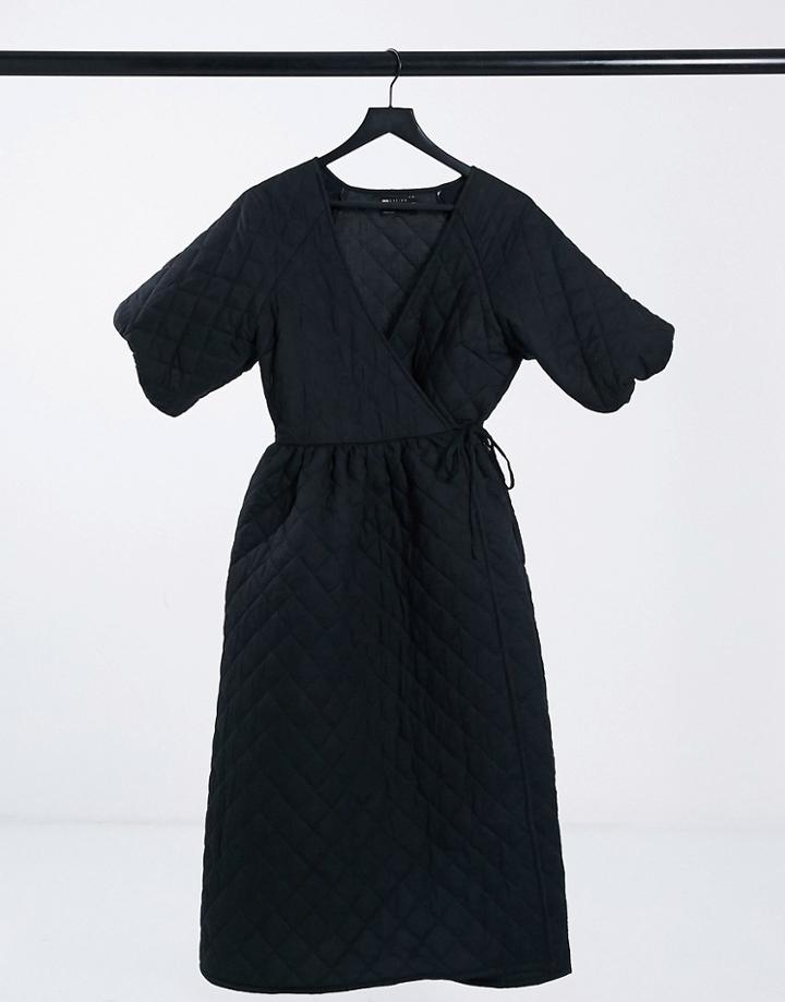 Asos Design Quilted Midi Wrap Dress With Puff Sleeves In Black