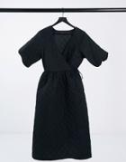 Asos Design Quilted Midi Wrap Dress With Puff Sleeves In Black