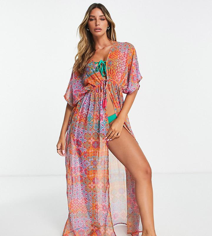 Accessoirze Maxi Beach Kimono In Multi Mosaic Print