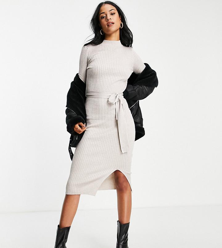 New Look Tall Ribbed Tie Waist Midi Dress In Oatmeal-white