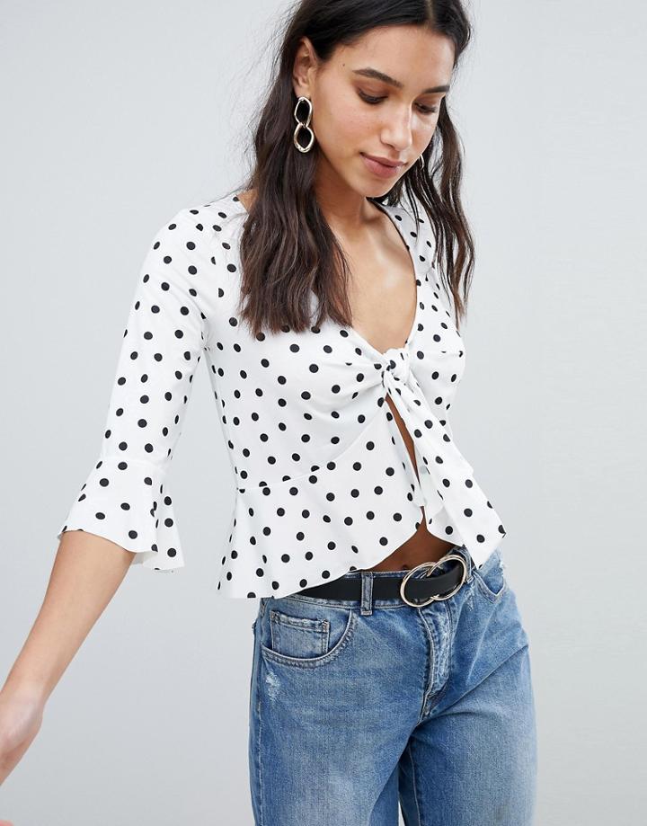 Asos Top With Tie Front In Polka Dot - White