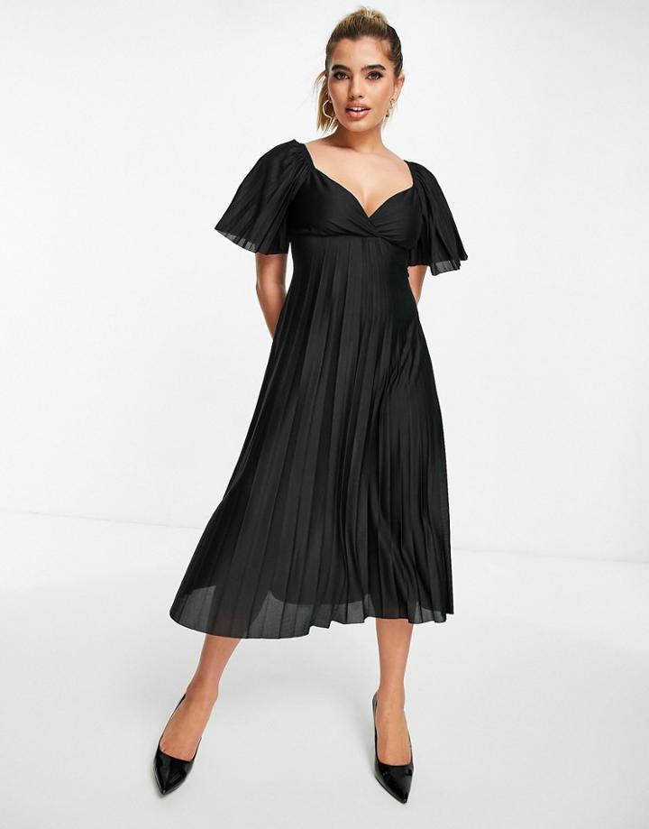 Asos Design Pleated Twist Back Cap Sleeve Midi Dress In Black