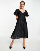 Asos Design Pleated Twist Back Cap Sleeve Midi Dress In Black