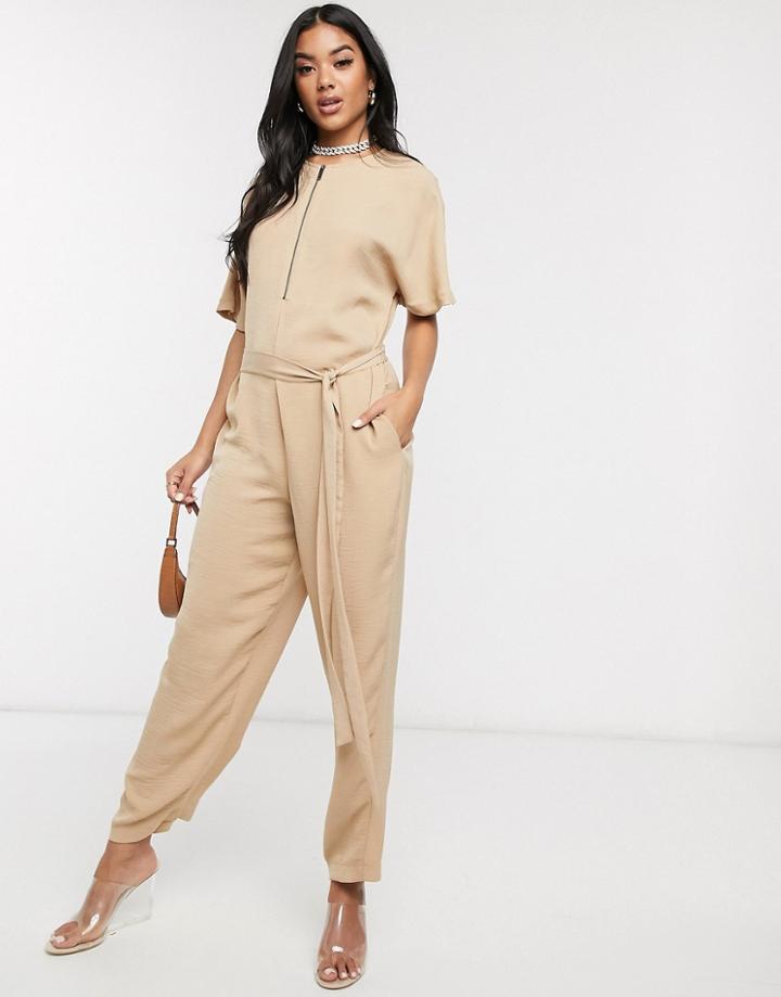 Asos Design Zip Front Slouchy Tie Waist Boilersuit With Pockets-cream