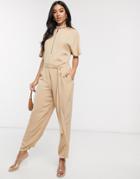 Asos Design Zip Front Slouchy Tie Waist Boilersuit With Pockets-cream
