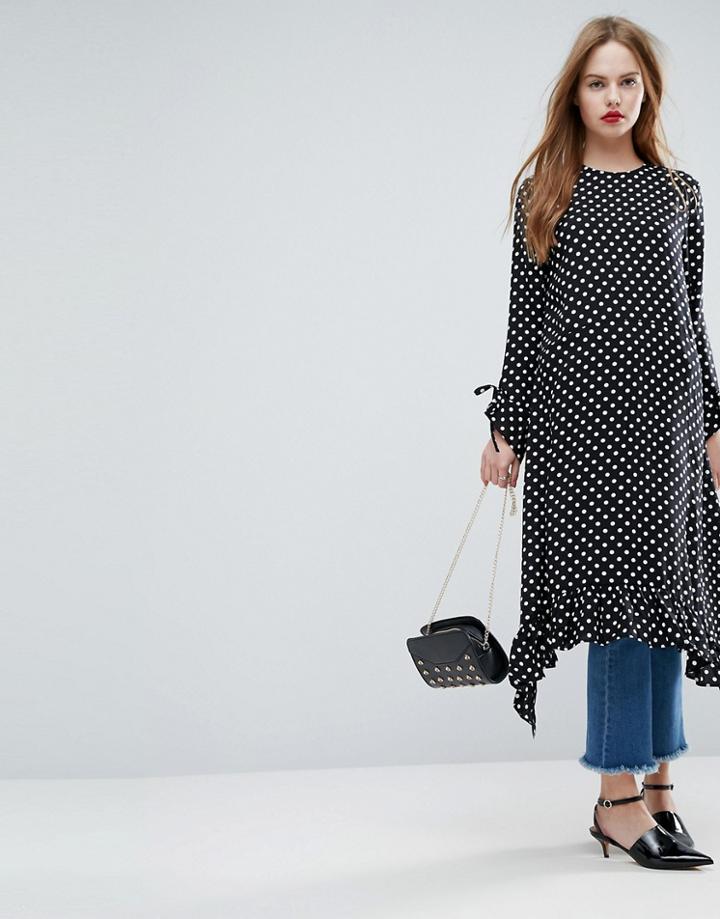 Asos Soft Trapeze Midi Drouser Dress With Pep Hem In Polka Dot - Multi