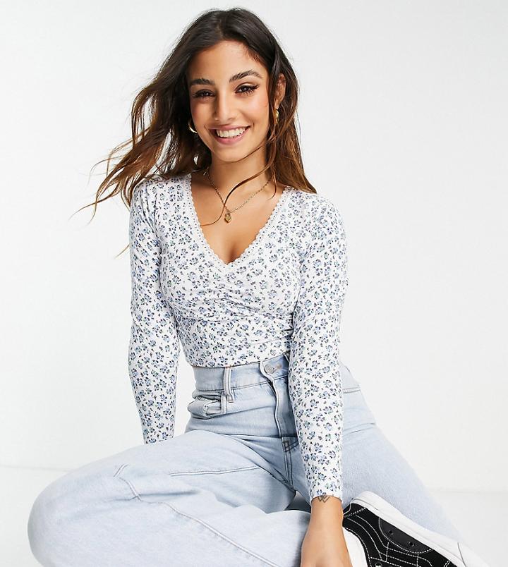 Asos Design Petite V Neck Top With Lace Trim In Ditsy Print-multi
