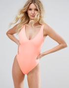 Asos Fuller Bust Exclusive Plunge Side High Leg Swimsuit Dd-g - Orange