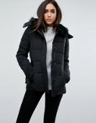 Warehouse Belted Faux Fur Collar Padded Jacket - Black