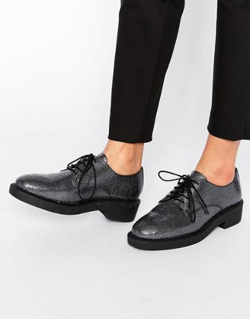 Bronx Lace Up Textured Flat Shoes - Gunmetal