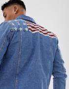 Boohooman Denim Jacket With American Flag In Mid Blue - Blue