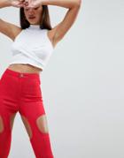 Asos Design Rivington High Waist Denim Jegging With Suspender Detail In Red - Red