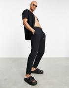 Asos Design Waffle Tapered Sweatpants In Black With Fixed Hem - Part Of A Set