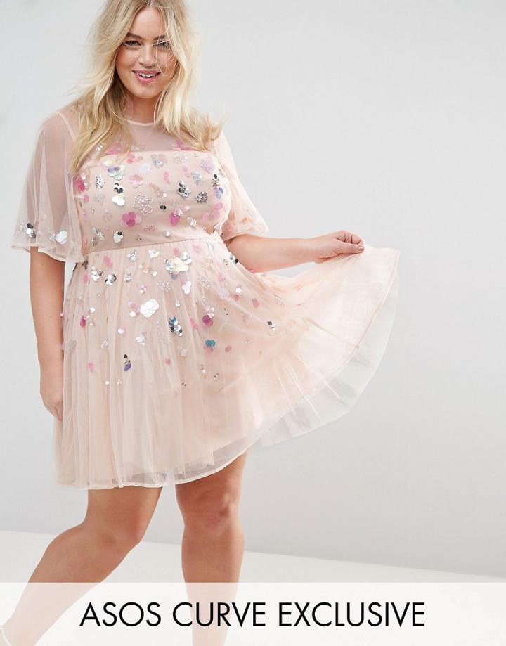 Asos Curve Donna Sequin Embellished Mesh Skater Mini Dress - Pink