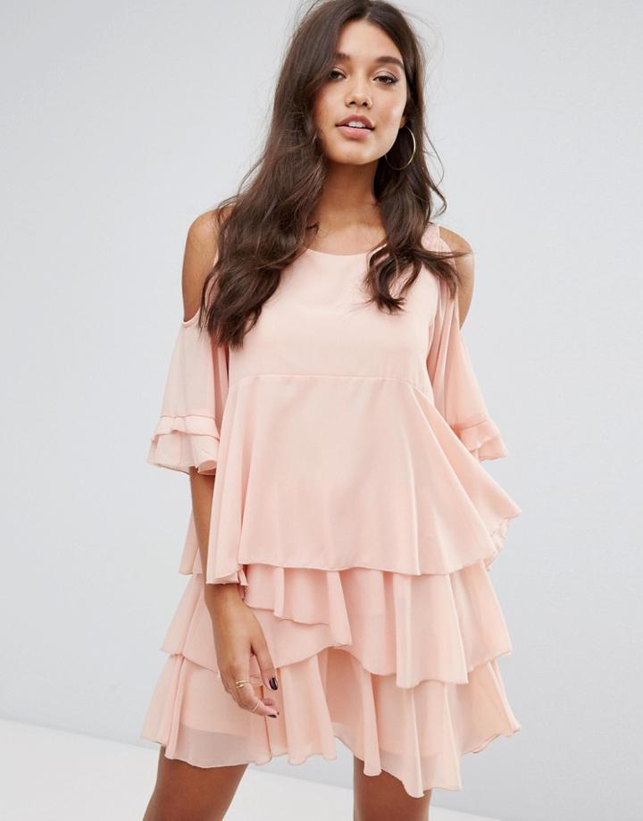 Prettylittlething Cold Shoulder Ruffle Tiered Dress - Pink
