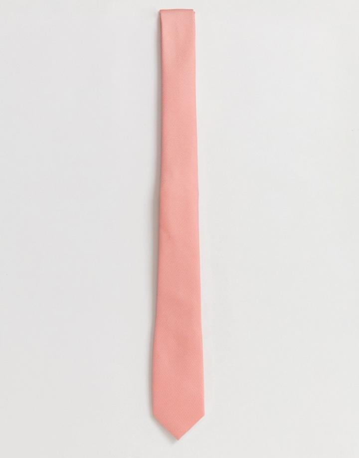 Asos Design Wedding Textured Slim Tie In Peach - Pink
