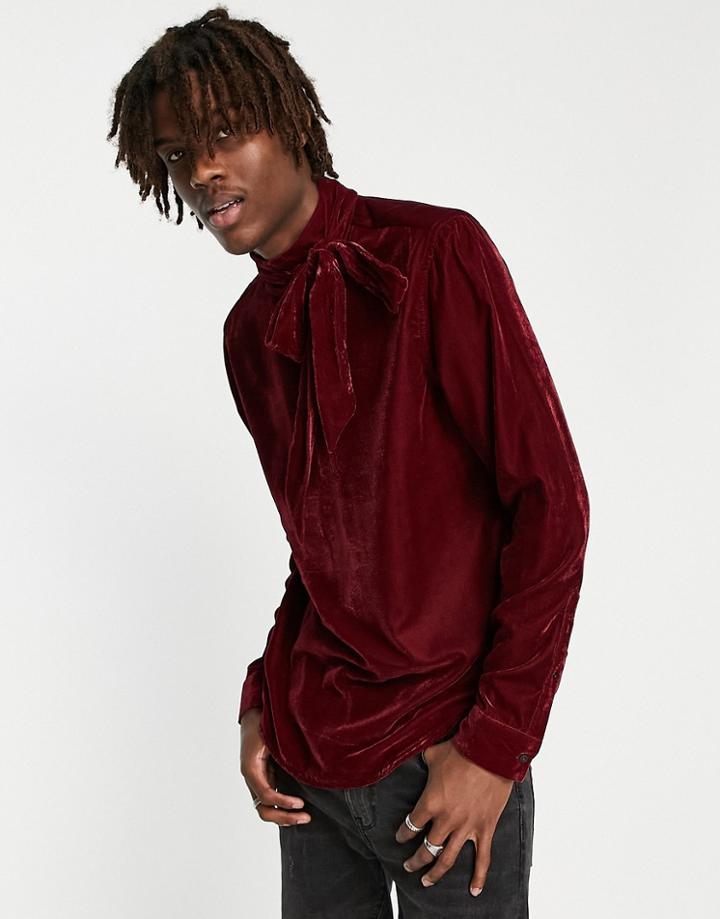 Asos Design Velvet Shirt With Pussybow Tie Neck In Wine-purple