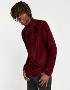 Asos Design Velvet Shirt With Pussybow Tie Neck In Wine-purple