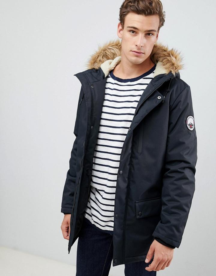 Threadbare Parka Coat With Faux Fur Trim Hood - Navy