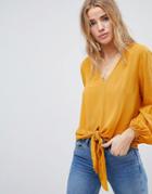 Asos Knot Front Top In Crinkle - Yellow