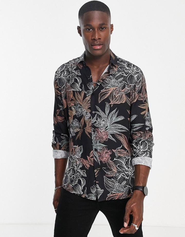 Topman Floral Formal Shirt In Black