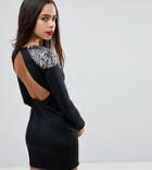 Asos Petite Embellished Shoulder Bodycon Open Back Mini Dress-black