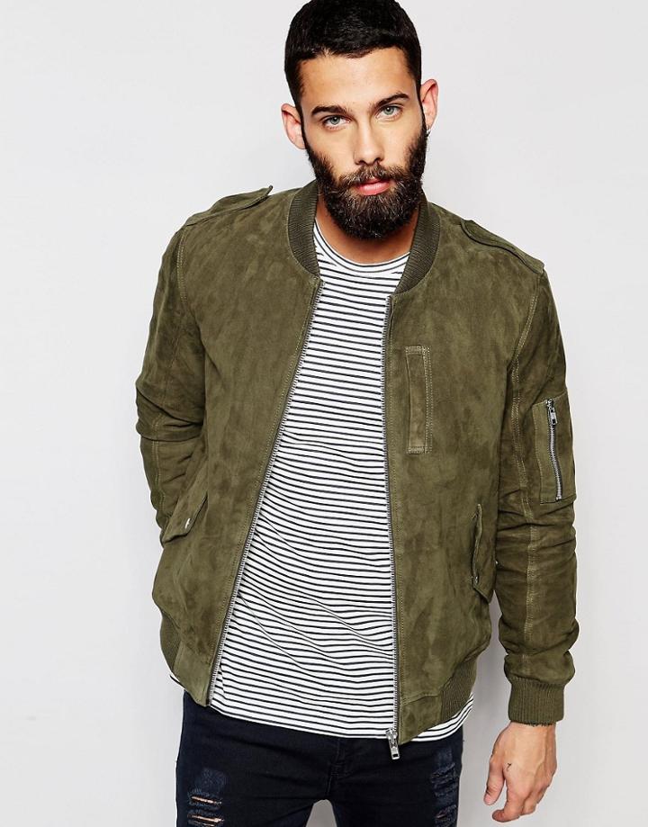 Asos Khaki Suede Bomber Jacket In Military Styling - Khaki
