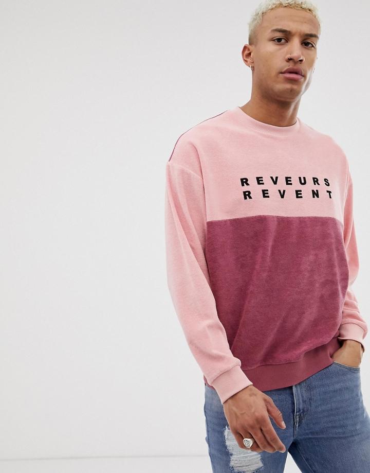 Asos Design Oversized Sweatshirt In Cut And Sew Towelling With Text Slogan Print - Pink