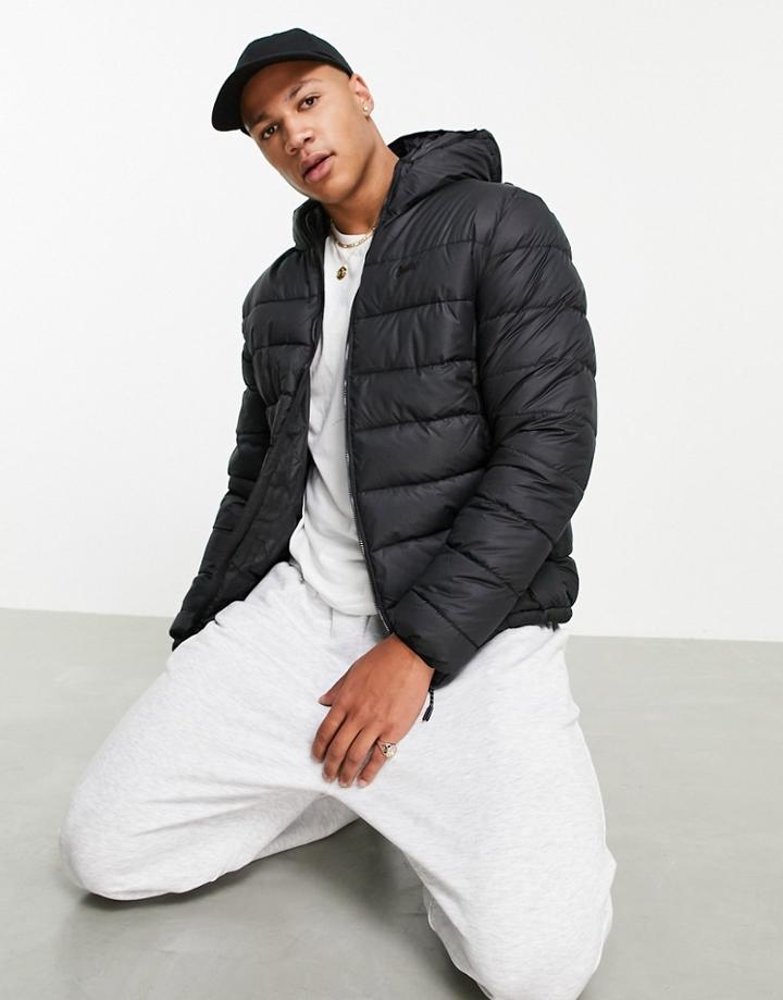 Pull & Bear Lightweight Hooded Puffer In Black