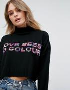Missguided Cropped Roll Neck Slogan Sweater - Black