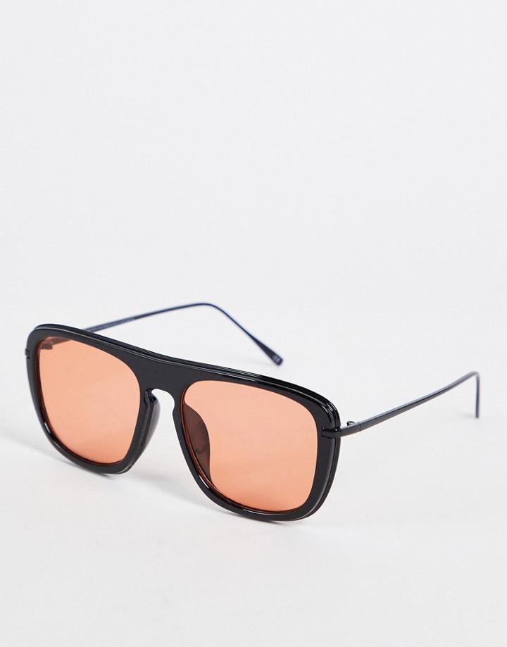 Asos Design Aviator Sunglasses In Black With Orange Lens
