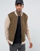 Asos Jersey Bomber Jacket With Contrast Sleeves - Green