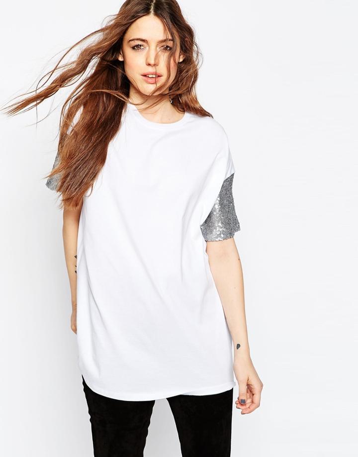 Asos T-shirt With Sequin Sleeve - White