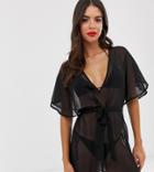 Asos Design Tall Recycled Tie Waist Cape Back Chiffon Beach Cover Up In Black - Black
