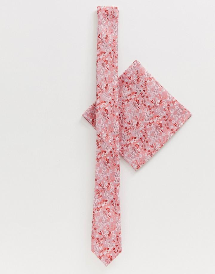 Asos Design Slim Tie & Printed Pocket Square In Red - Red