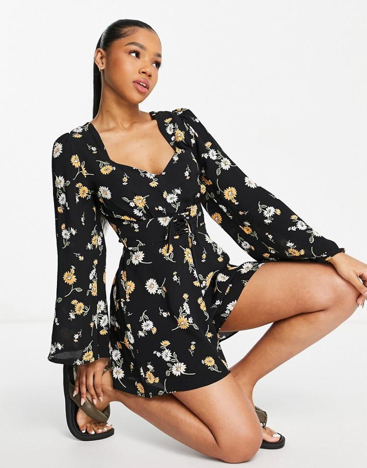 Miss Selfridge Kimono Sleeve Romper In Sunflower Print-black