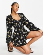 Miss Selfridge Kimono Sleeve Romper In Sunflower Print-black