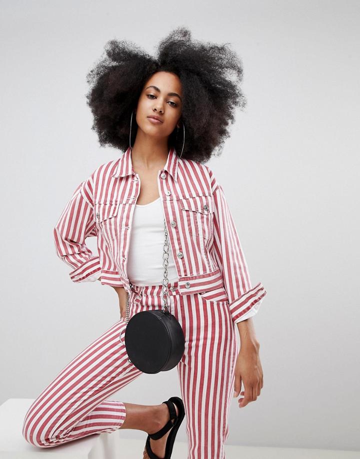 Pull & Bear Two-piece Denim Jacket In Stripe - Red