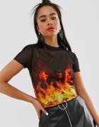 Bershka Fire Print T-shirt In Black - Black