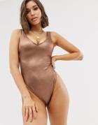Asos Design Fuller Bust Exclusive High Leg Fuller Bust Swimsuit In Metallic Copper Dd-g - Gold