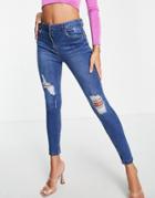 Parisian Skinny Jeans With Rips In Mid Wash Blue-blues