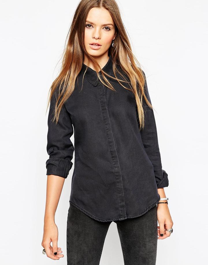 Asos Denim Shirt In Washed Black With Sharp Collar - Washed Black
