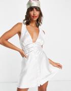 Asos Design Satin Mini Dress With Lace Trim Detail And Button Front-white