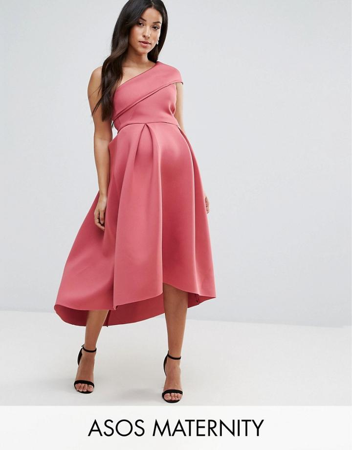 Asos Maternity One Shoulder Foam Scuba Dip Back Midi Skater Dress - Pink