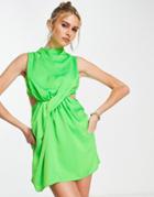 Asos Design High Neck Satin Mini Dress With Drape Detail In Green